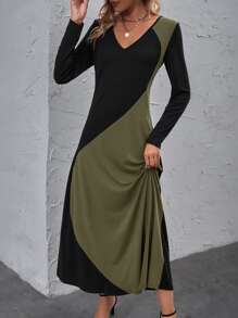 SHEIN LUNE Colour Block V Neck Tee Dress - Army Green - View 4