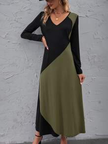 SHEIN LUNE Colour Block V Neck Tee Dress - Army Green - View 5