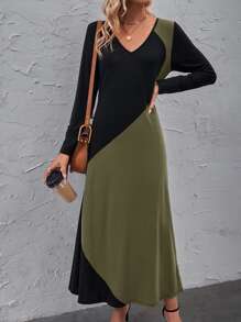 SHEIN LUNE Colour Block V Neck Tee Dress - Army Green - View 6