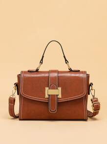 Metal Decor Vintage Design Flap Square Bag - Brown - View 1
