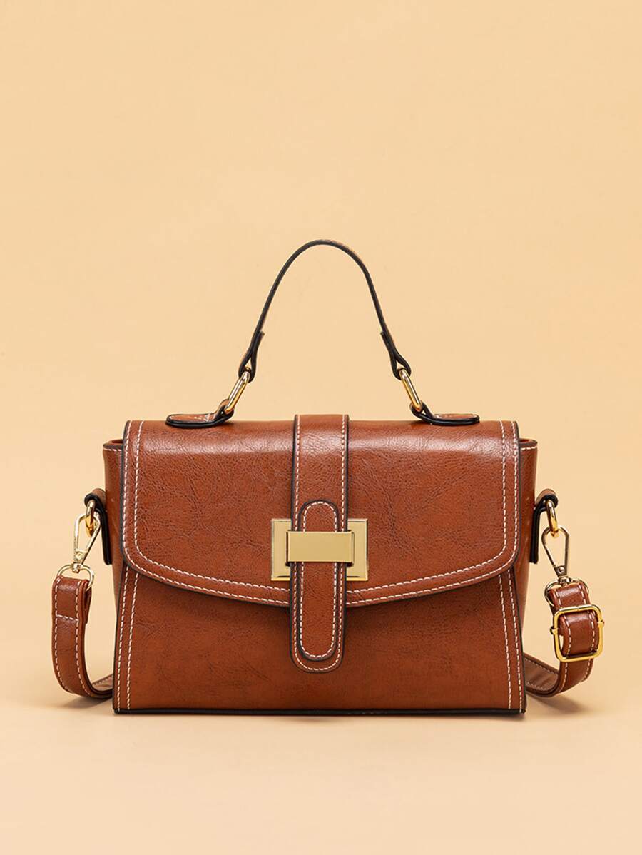 Metal Decor Vintage Design Flap Square Bag - Brown - View 1