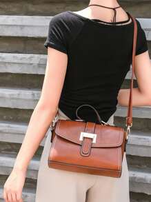 Metal Decor Vintage Design Flap Square Bag - Brown - View 2