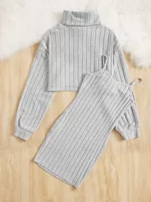 SHEIN Top Y Vestido De Cuello De Tortuga Con Hombros Caídos Para Niñas Preadolescentes - Gris Claro - Ver 2