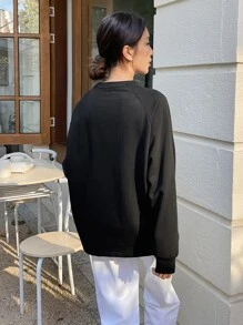 DAZY Áo thun tay lỡ phối màu chữ vá, quần áo mùa thu thời trang trẻ trung, áo dài tay cho nữ - màu đen - Xem 2