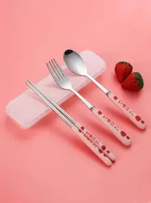 3pcs Reusable Stainless Steel Cutlery Set & 1pc Plastic Storage Box,Cute Letter Strawberry Graphic Tableware Cutlery Set & Storage Container For Dining Room - Pink - View 1