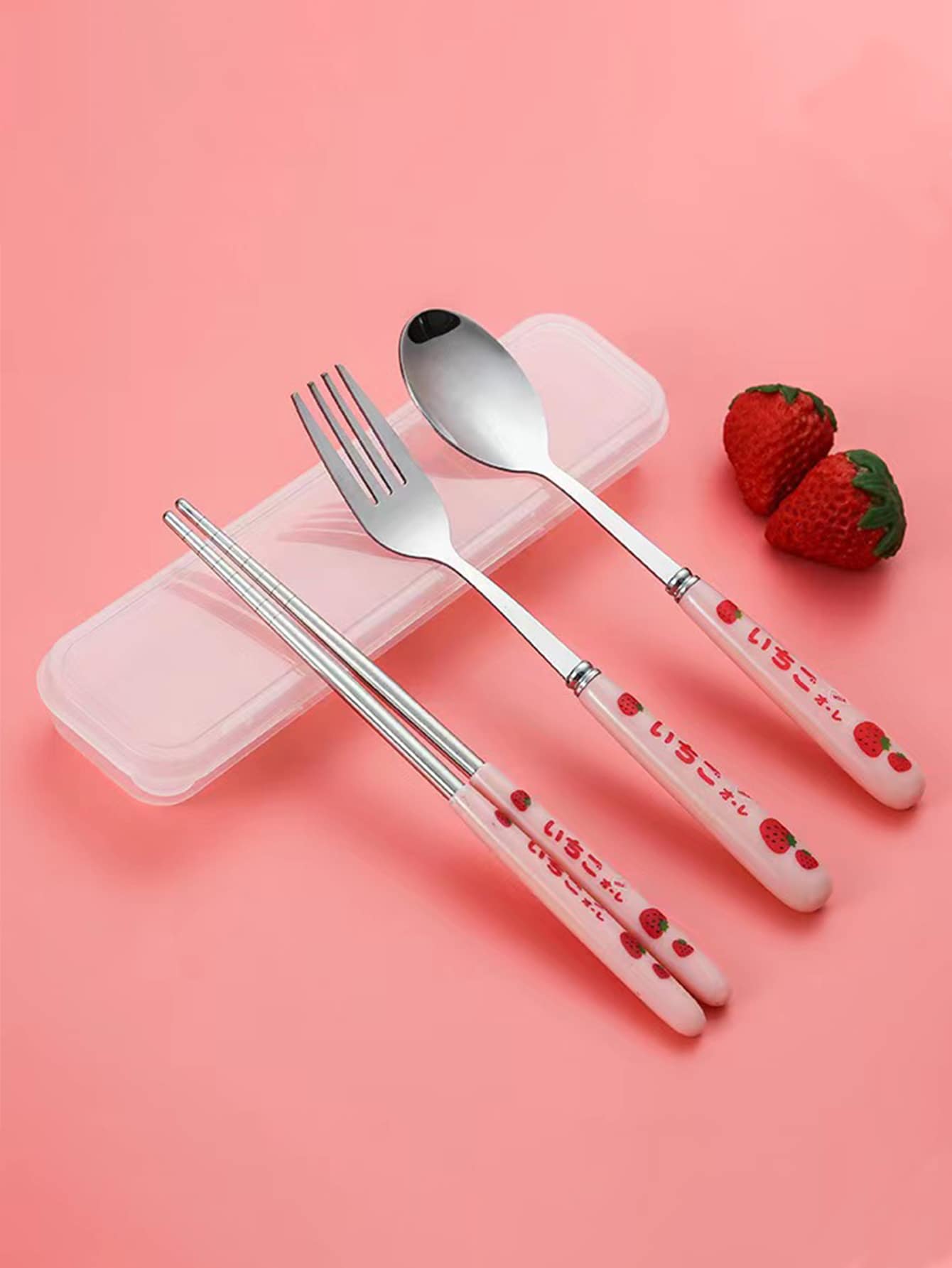 3pcs Reusable Stainless Steel Cutlery Set & 1pc Plastic Storage Box,Cute Letter Strawberry Graphic Tableware Cutlery Set & Storage Container For Dining Room - Pink - View 1