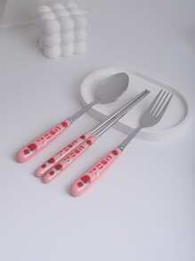 3pcs Reusable Stainless Steel Cutlery Set & 1pc Plastic Storage Box,Cute Letter Strawberry Graphic Tableware Cutlery Set & Storage Container For Dining Room - Pink - View 3