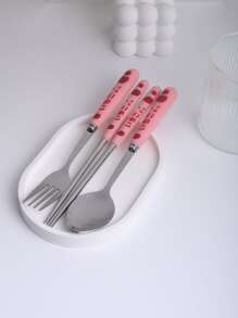 3pcs Reusable Stainless Steel Cutlery Set & 1pc Plastic Storage Box,Cute Letter Strawberry Graphic Tableware Cutlery Set & Storage Container For Dining Room - Pink - View 4
