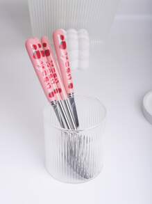 3pcs Reusable Stainless Steel Cutlery Set & 1pc Plastic Storage Box,Cute Letter Strawberry Graphic Tableware Cutlery Set & Storage Container For Dining Room - Pink - View 5