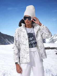 Tropical Print Waterproof Hooded Sports Jacket - Light Grey - View 3