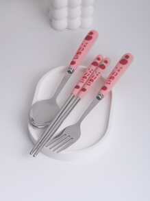 3pcs Reusable Stainless Steel Cutlery Set & 1pc Plastic Storage Box,Cute Letter Strawberry Graphic Tableware Cutlery Set & Storage Container For Dining Room - Pink - View 6