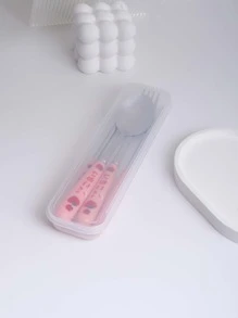 3pcs Reusable Stainless Steel Cutlery Set & 1pc Plastic Storage Box,Cute Letter Strawberry Graphic Tableware Cutlery Set & Storage Container For Dining Room - Pink - View 7