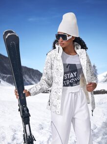 Tropical Print Waterproof Hooded Sports Jacket - Light Grey - View 6