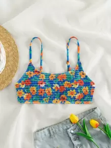 Swim Mod Summer Beach Floral Smocked Bikini Top - Multicolor - View 3
