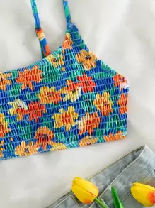 Swim Mod Summer Beach Floral Smocked Bikini Top - Multicolor - View 7