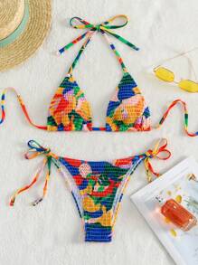 SHEIN Swim Summer Beach Graphic Print Smocked Halter Triangle Bikini Set - Multicolor - View 1