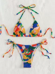 SHEIN Swim Summer Beach Graphic Print Smocked Halter Triangle Bikini Set - Multicolor - View 5