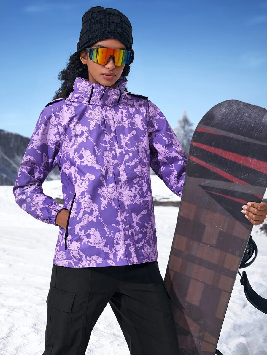 Allover Print Hooded Windbreaker Sports Jacket - Purple - View 1