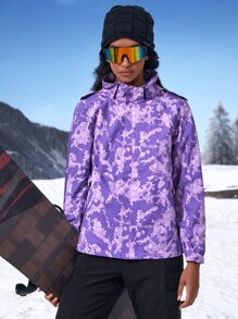 Allover Print Hooded Windbreaker Sports Jacket - Purple - View 6