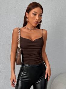 SHEIN PETITE 垂領褶邊吊帶上衣 - 棕色 - 查看 3
