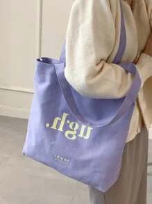 Letter Graphic Linen Shopper Bag Túi đi học dành cho sinh viên mới tốt nghiệp, cô gái tuổi teen, sinh viên năm nhất, sinh viên năm hai, sinh viên năm cuối đại học, đại học và trung học phổ thông, hoàn hảo cho hoạt động ngoài trời, du lịch và quay lại trường học - Màu tím - Xem 3