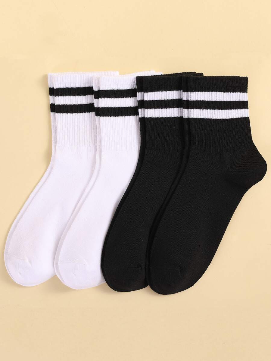 4pairs Striped Crew Socks - Black and White - View 1