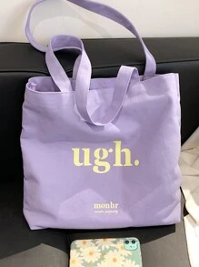 Letter Graphic Linen Shopper Bag Túi đi học dành cho sinh viên mới tốt nghiệp, cô gái tuổi teen, sinh viên năm nhất, sinh viên năm hai, sinh viên năm cuối đại học, đại học và trung học phổ thông, hoàn hảo cho hoạt động ngoài trời, du lịch và quay lại trường học - Màu tím - Xem 5