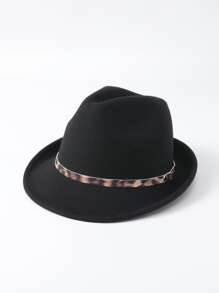 Sombrero fedora con estampado de leopardo con diseño de cinturón - Negro - Ver 2