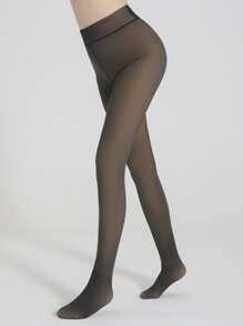1pair Minimalist Plush Lined Tights - Black - View 3