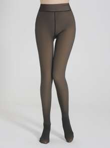 1pair Minimalist Plush Lined Tights - Black - View 4