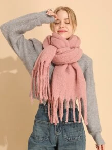 1入組冬季保暖實色圓織流蘇圍巾,足夠寬大可用作女性戶外毯式披肩,適合旅行和日常使用 - 粉色 - 查看 1