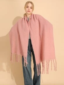 1入組冬季保暖實色圓織流蘇圍巾,足夠寬大可用作女性戶外毯式披肩,適合旅行和日常使用 - 粉色 - 查看 4