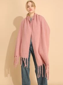 1入組冬季保暖實色圓織流蘇圍巾,足夠寬大可用作女性戶外毯式披肩,適合旅行和日常使用 - 粉色 - 查看 5