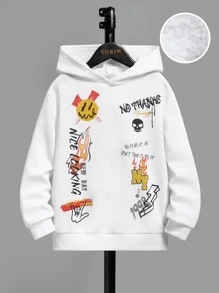 SHEIN Tween男孩座右銘和卡通圖形保暖連帽衛衣