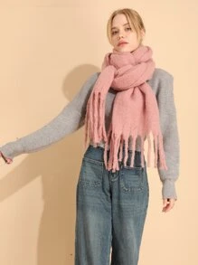 1入組冬季保暖實色圓織流蘇圍巾,足夠寬大可用作女性戶外毯式披肩,適合旅行和日常使用 - 粉色 - 查看 2