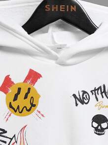 SHEIN Tween男孩座右銘和卡通圖形保暖連帽衛衣