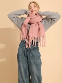 1入組冬季保暖實色圓織流蘇圍巾,足夠寬大可用作女性戶外毯式披肩,適合旅行和日常使用 - 粉色 - 查看 3