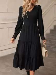 SHEIN LUNE Guipure Lace Insert Ruffle Hem Dress - Black - View 1