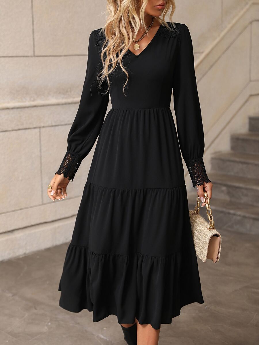 SHEIN LUNE Guipure Lace Insert Ruffle Hem Dress - Black - View 1