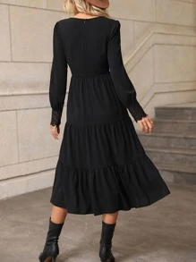 SHEIN LUNE Guipure Lace Insert Ruffle Hem Dress - Black - View 2