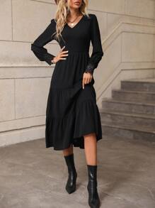 SHEIN LUNE Guipure Lace Insert Ruffle Hem Dress - Black - View 5