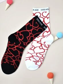 2對女士愛心和字母圖案休閒風格中筒襪