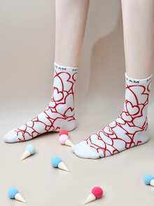 2對女士愛心和字母圖案休閒風格中筒襪