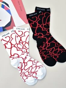 2對女士愛心和字母圖案休閒風格中筒襪