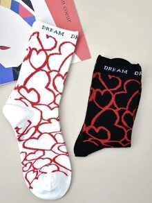 2對女士愛心和字母圖案休閒風格中筒襪