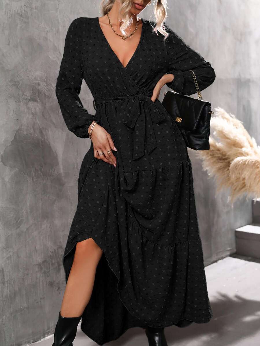 SHEIN Clasi Swiss Dot Lantern Sleeve Ruffle Hem Belted Dress - Black - View 1