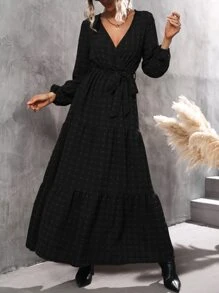 SHEIN Clasi Swiss Dot Lantern Sleeve Ruffle Hem Belted Dress - Black - View 3