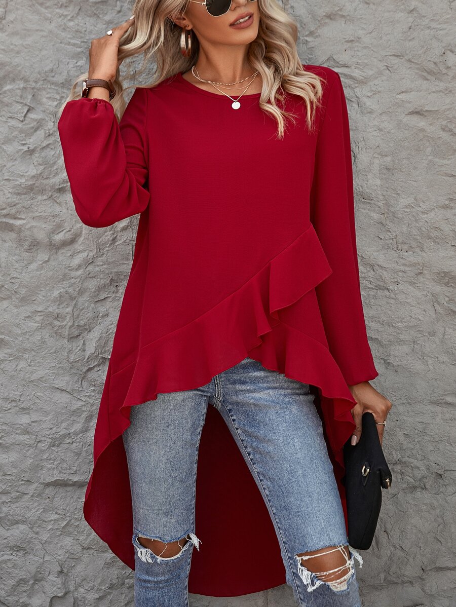 SHEIN Clasi Ruffle High Low Hem Blouse - Burgundy - View 1