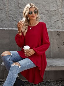 SHEIN Clasi Ruffle High Low Hem Blouse - Burgundy - View 3