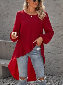 SHEIN Clasi Ruffle High Low Hem Blouse - Burgundy - View 4